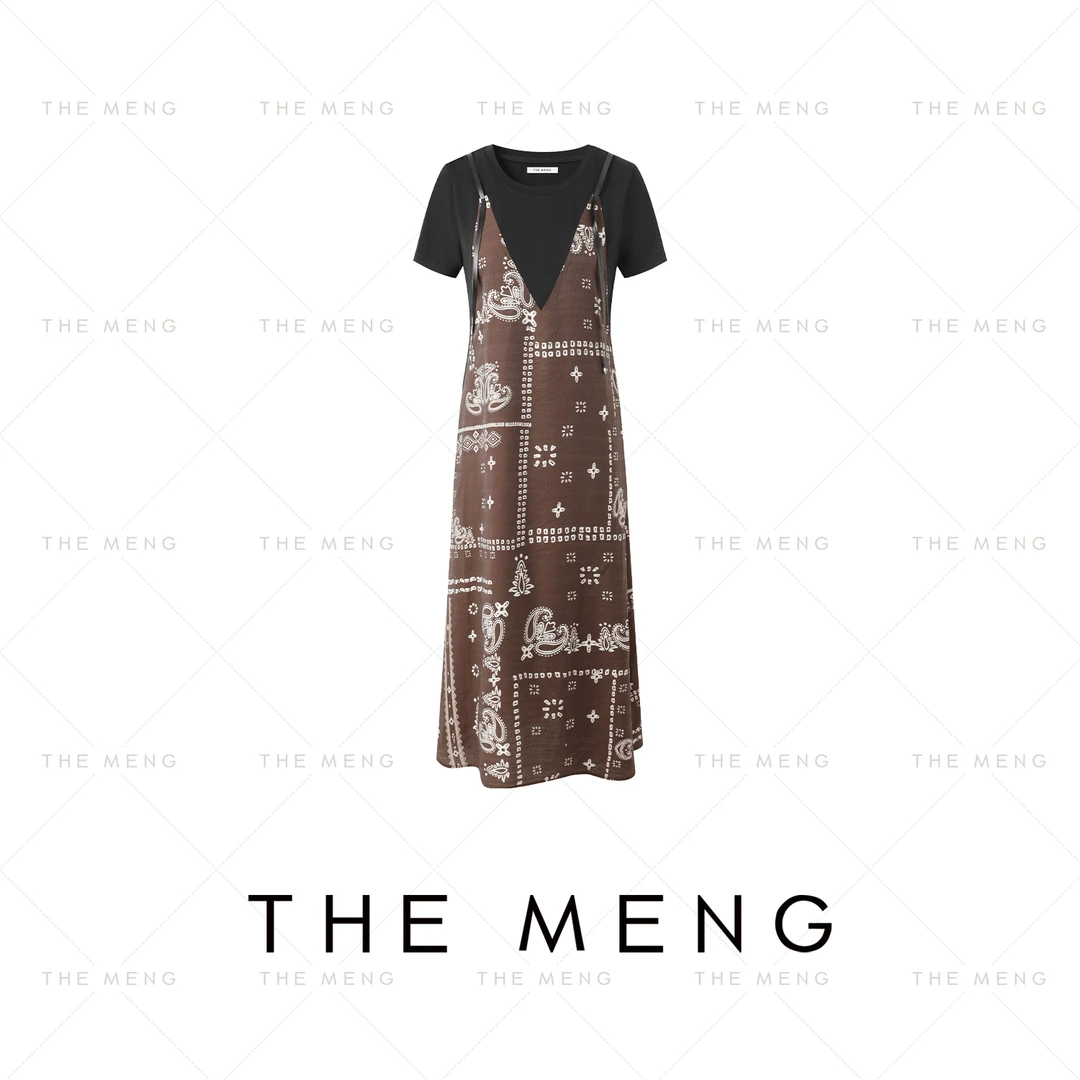 THE MENG【月上枝头】亚麻优雅通勤印花短袖连衣裙#M252G0657