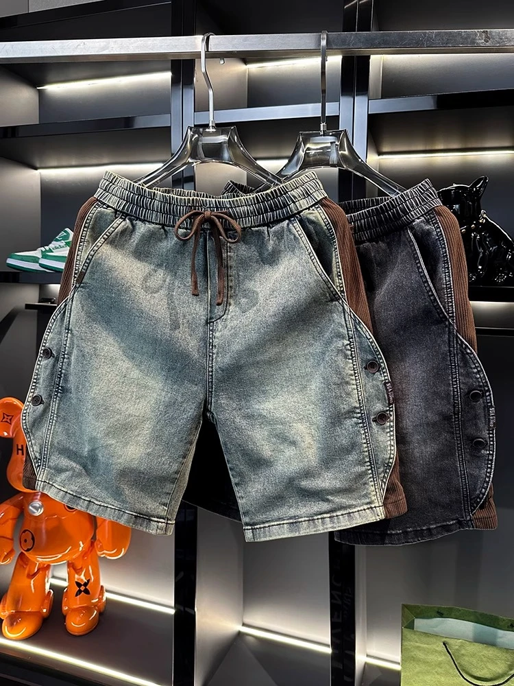 欧美拼色牛仔短裤男夏季新款纽扣拼接松紧腰五分中裤薄款半截马裤