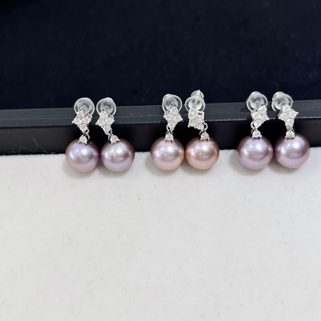 天然珍珠 淡水紫珠多锆款耳钉 9-10MM S925银 多样性发一