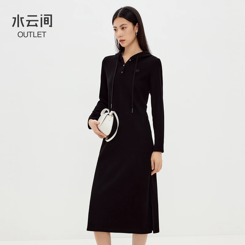 【连衣裙】水云间黑色灯芯绒直筒连帽连衣裙女H型中长裙子12430222