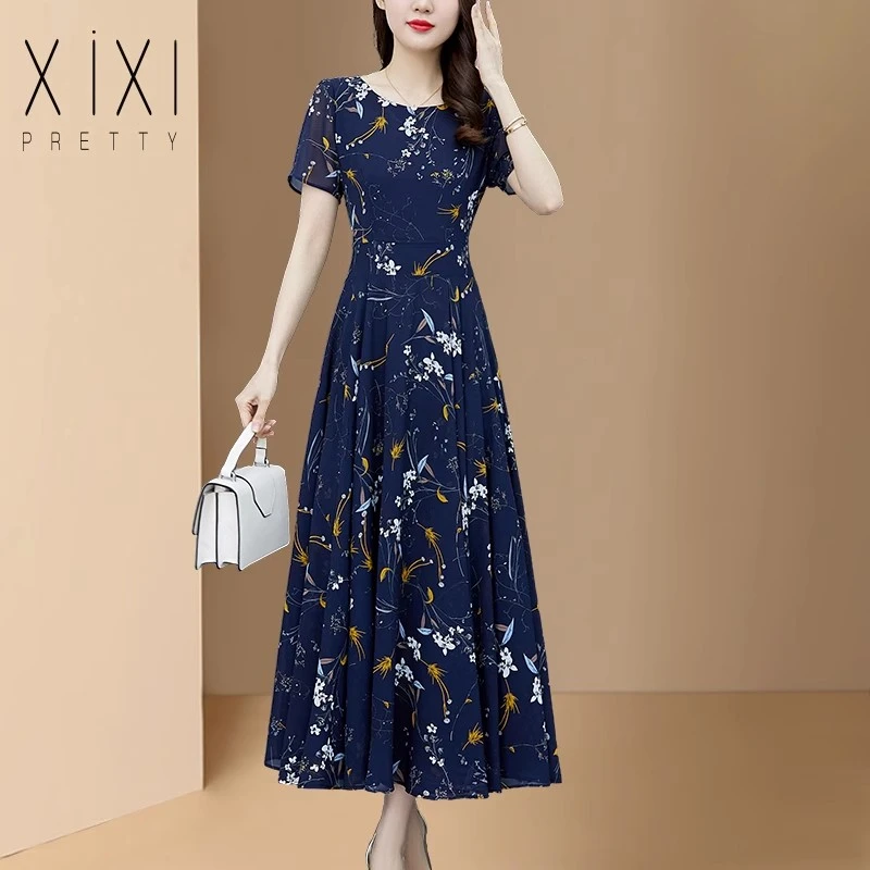 中年妈妈高档连衣裙夏季新款雪纺碎花大码胖mm收腰显瘦60遮肚长裙