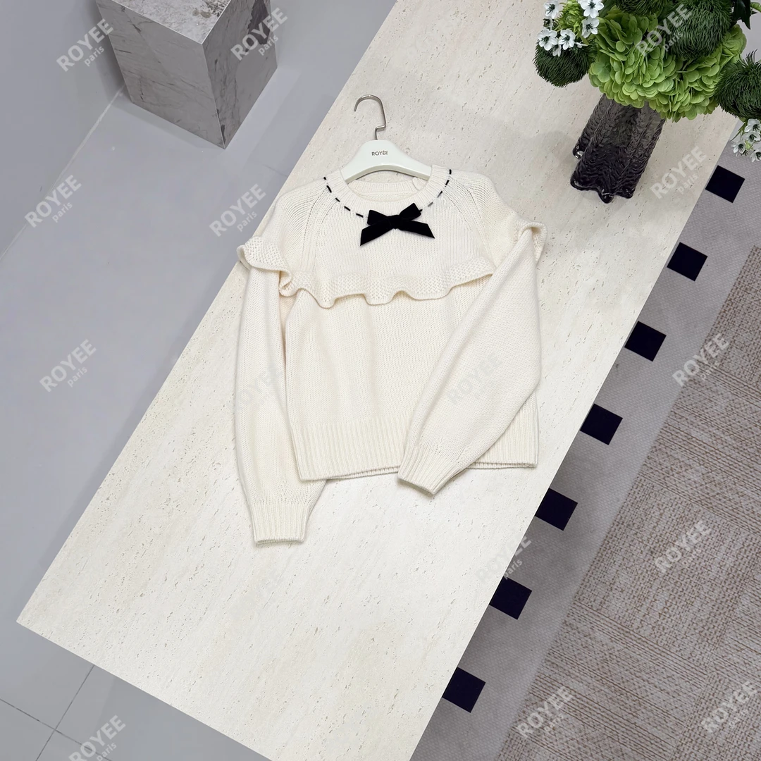 【温柔主义】甜美温柔韩系蝴蝶结木耳边拼接显瘦针织衫上衣女RY1837