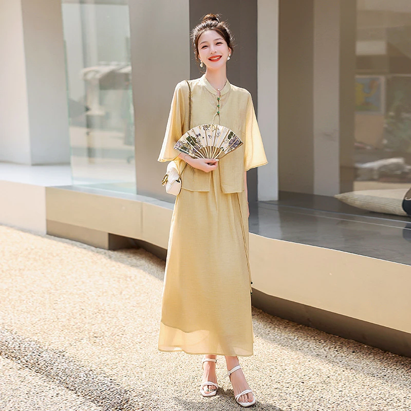 2025夏季新款新中式国风长款宽松外披配民族风背心连衣裙女两件套