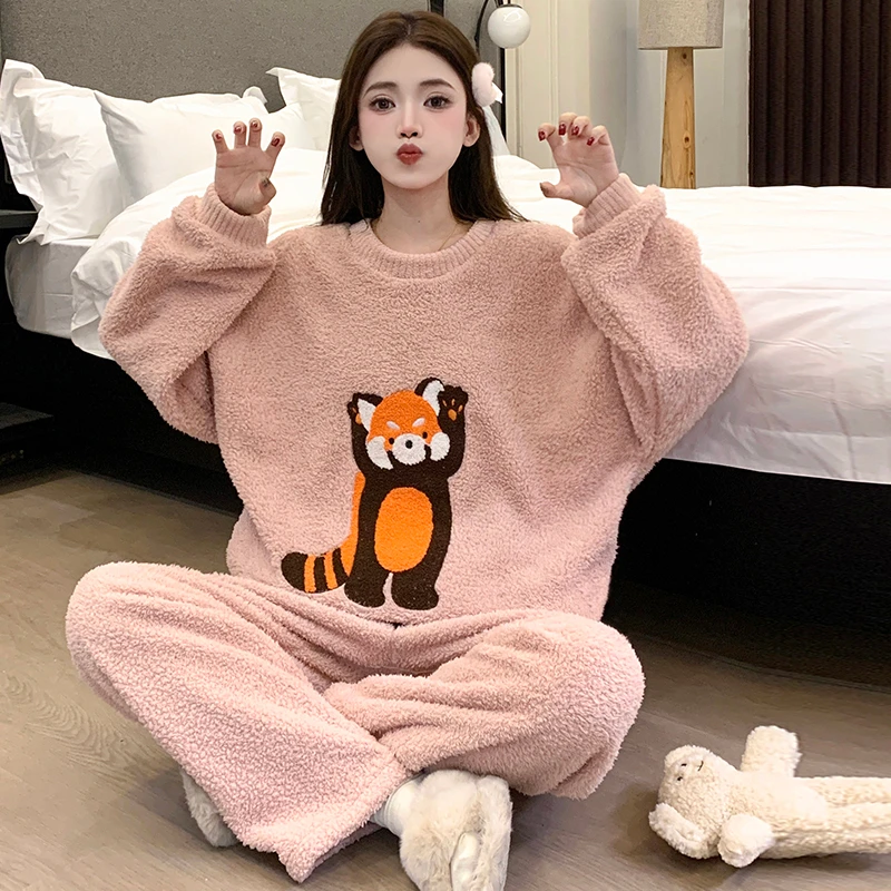 珊瑚绒睡衣女冬季加厚可爱保暖冬天法兰绒可外穿家居服两件套装