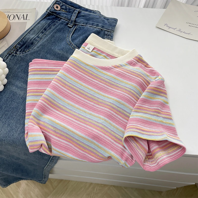 2025秋季新款经典条纹的短袖T恤撞色百搭别致女装宽松显瘦上衣服