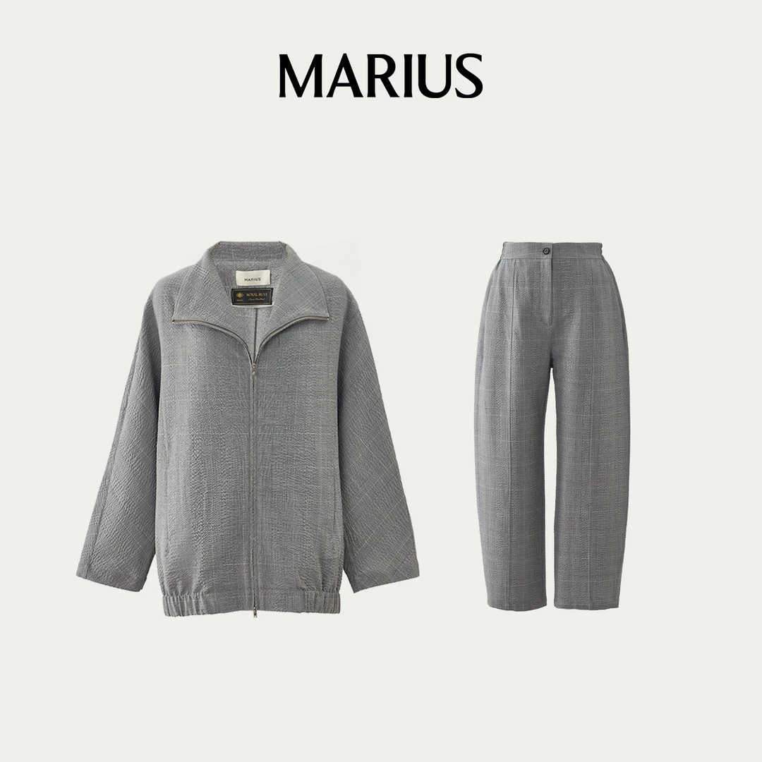MARIUS“干丝夹克泡泡纱版”时髦秀场细格纹外套裤子套装