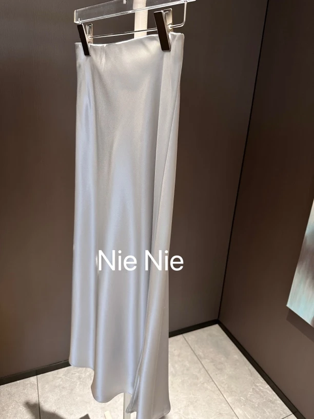 Nienie 冰川灰蓝色醋酸长裙 松紧腰