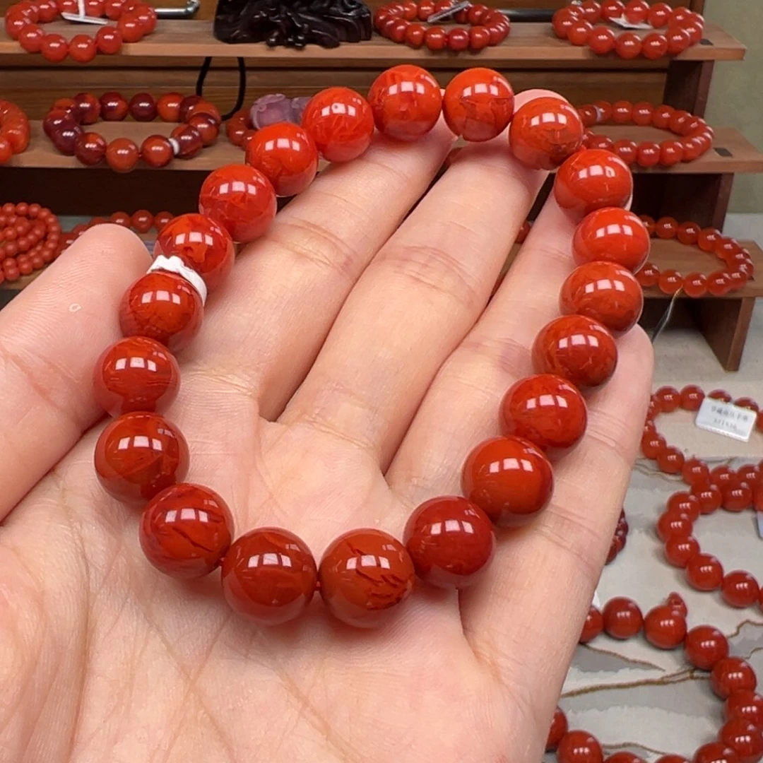 未镶嵌手串南红玛瑙瓦西满火焰纹10mm+ 高货放漏