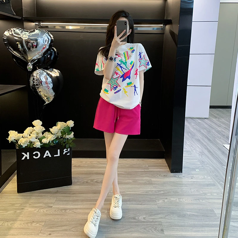 夏季新款时尚休闲彩色多巴胺宽松显瘦减龄青春活力运动两件套装女