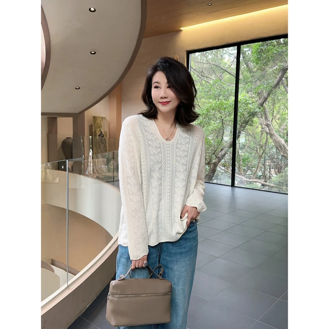 微胖女装【柔风】绵羊毛上衣高级感毛衣蕾丝提花鸡心领慵懒感3262
