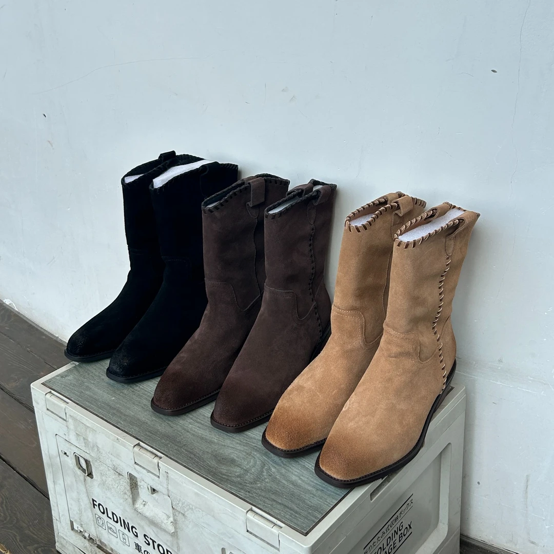 （真皮牛皮）217-1款西部牛仔骑士靴显瘦粗跟方头复古中筒套筒短靴