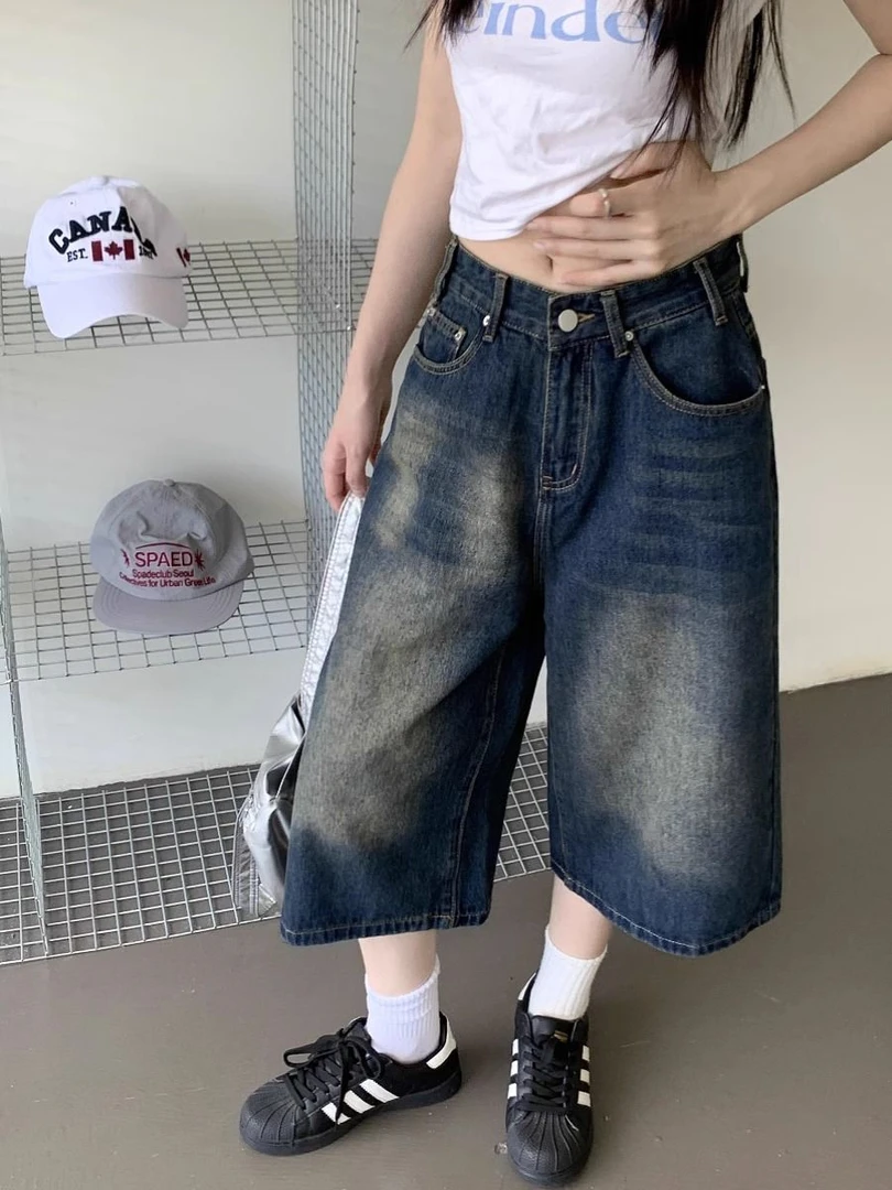 美式复古七分牛仔短裤女夏季新款做旧宽松阔腿显瘦百搭直筒中裤子