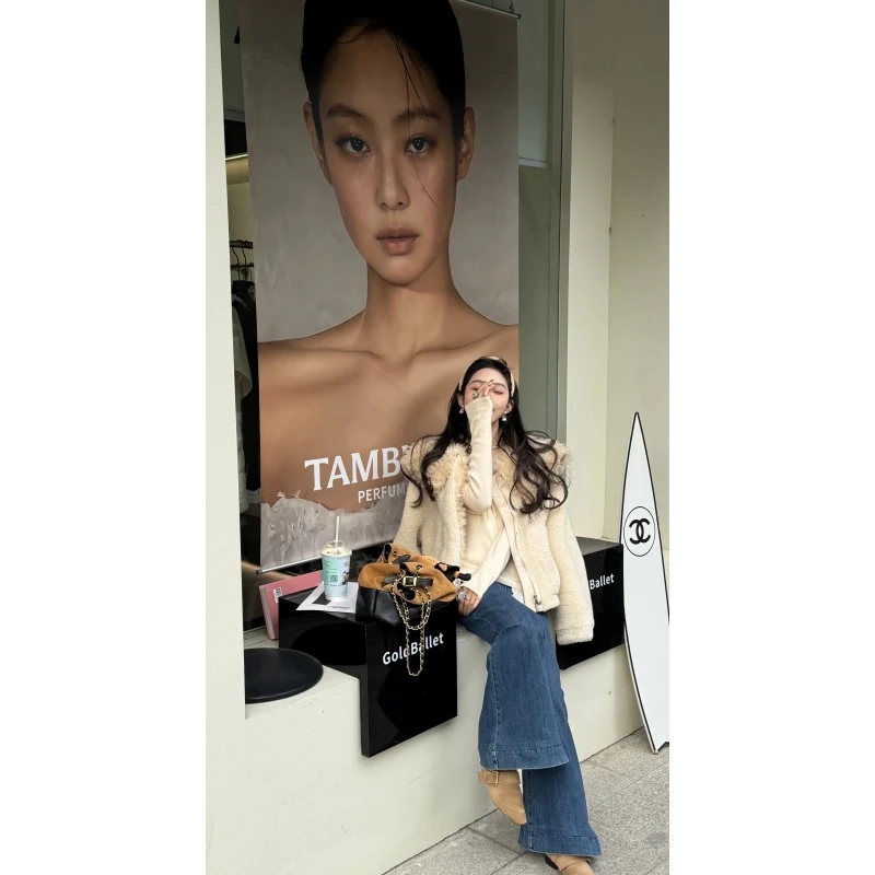 温柔风米白色毛领长袖毛毛外套女装冬季休闲拉链大衣复古牛仔长裤