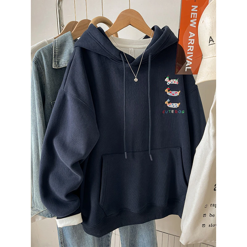 韩版宽松加绒加厚胖MM刺绣卫衣女新款秋冬百搭爆款连帽上