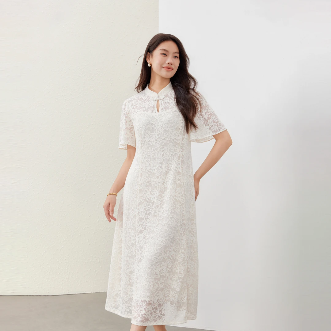 【汐落听月】纤莉秀大码女装新中式蕾丝旗袍收腰显瘦连衣裙QK2300