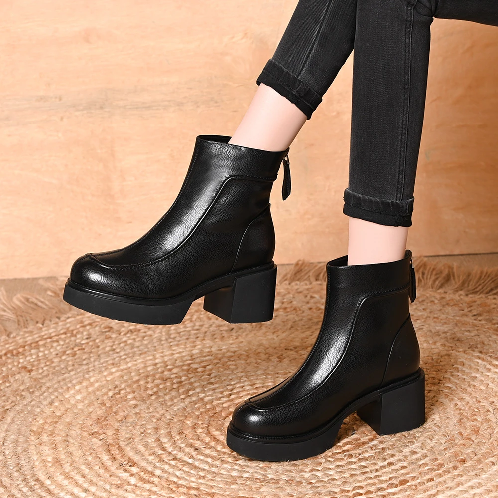 厚底圆头粗跟短靴女秋冬新款保暖加绒后拉链高跟瘦瘦靴百搭时装靴