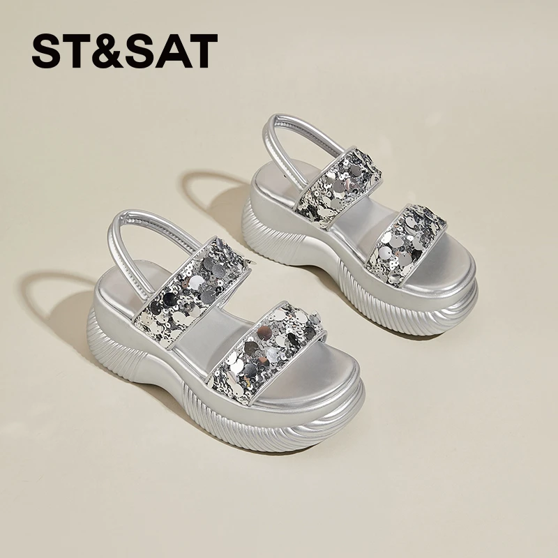 星期六银色厚底凉鞋女2025夏季新款百搭时尚亮片休闲沙滩时装凉鞋