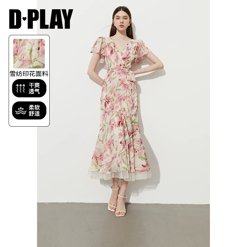 DPLAY【度假系列】2025年夏季新款粉色连衣裙女网纱雪纺裙子长裙