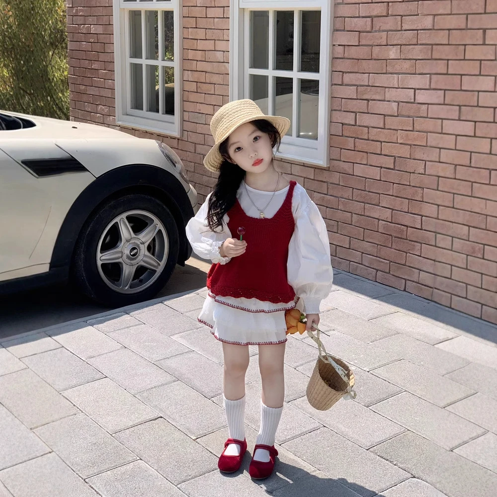 2025女童甜美红色针织背心刺绣花边半身裙短裙超洋气穿搭