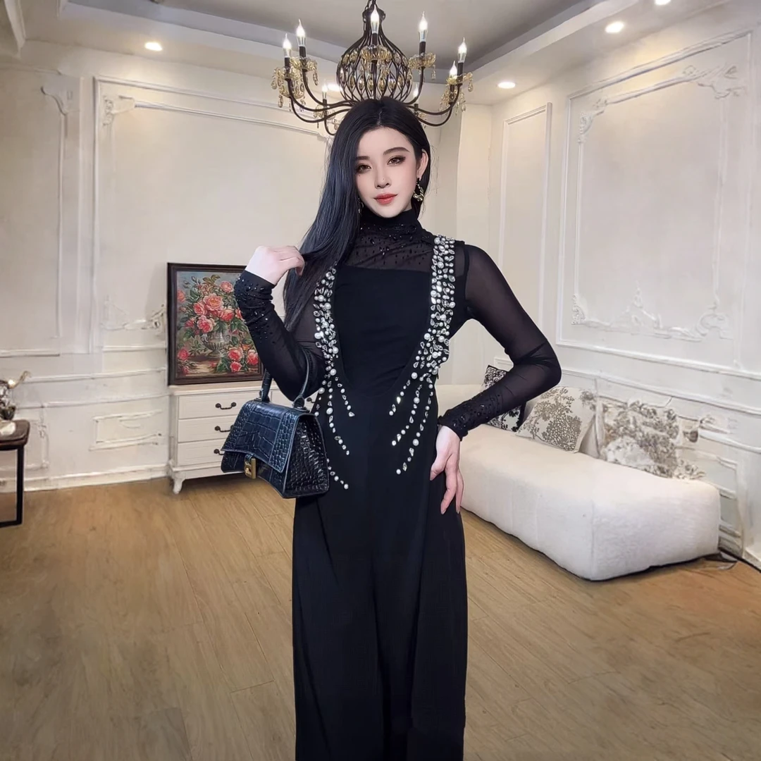 【左可莎】秋冬新款立体设计时尚轻奢黑色长袖上衣+裤子4162