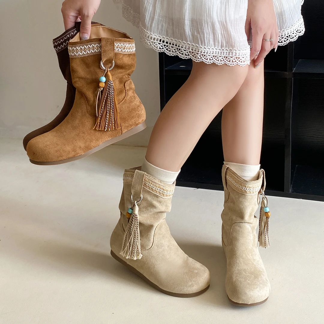 法式流苏设计感短靴秋冬新款粗跟单靴外穿百搭增高马丁靴瘦瘦靴子