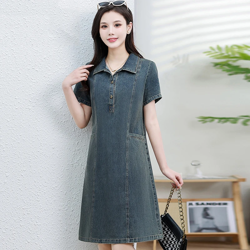 时尚牛仔连衣裙女2025夏季新款宽松显瘦中长款衬衫裙洋气减龄裙子