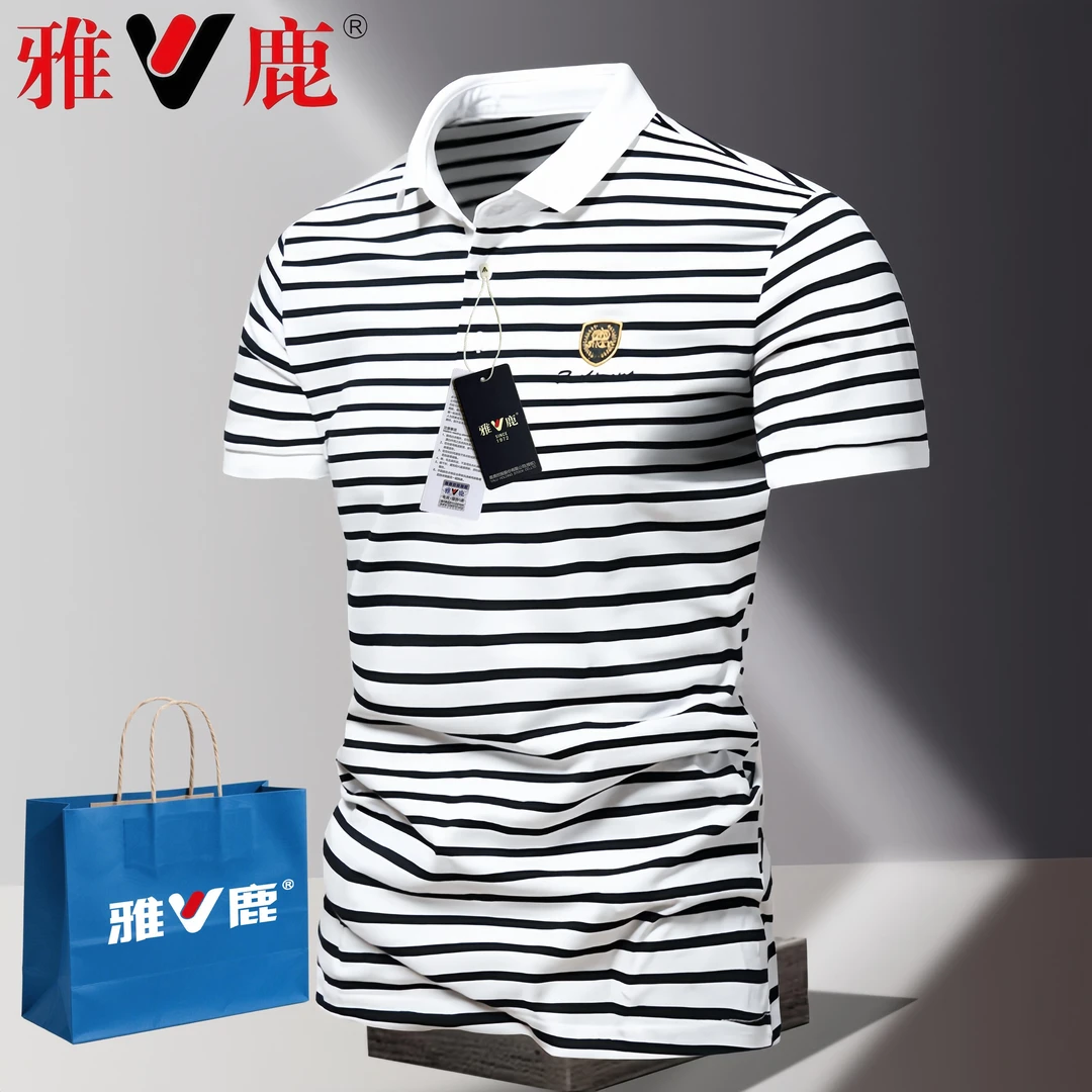 V/雅鹿夏季男士短袖T恤韩版翻领Polo衫商务休闲条纹半袖帅气潮流