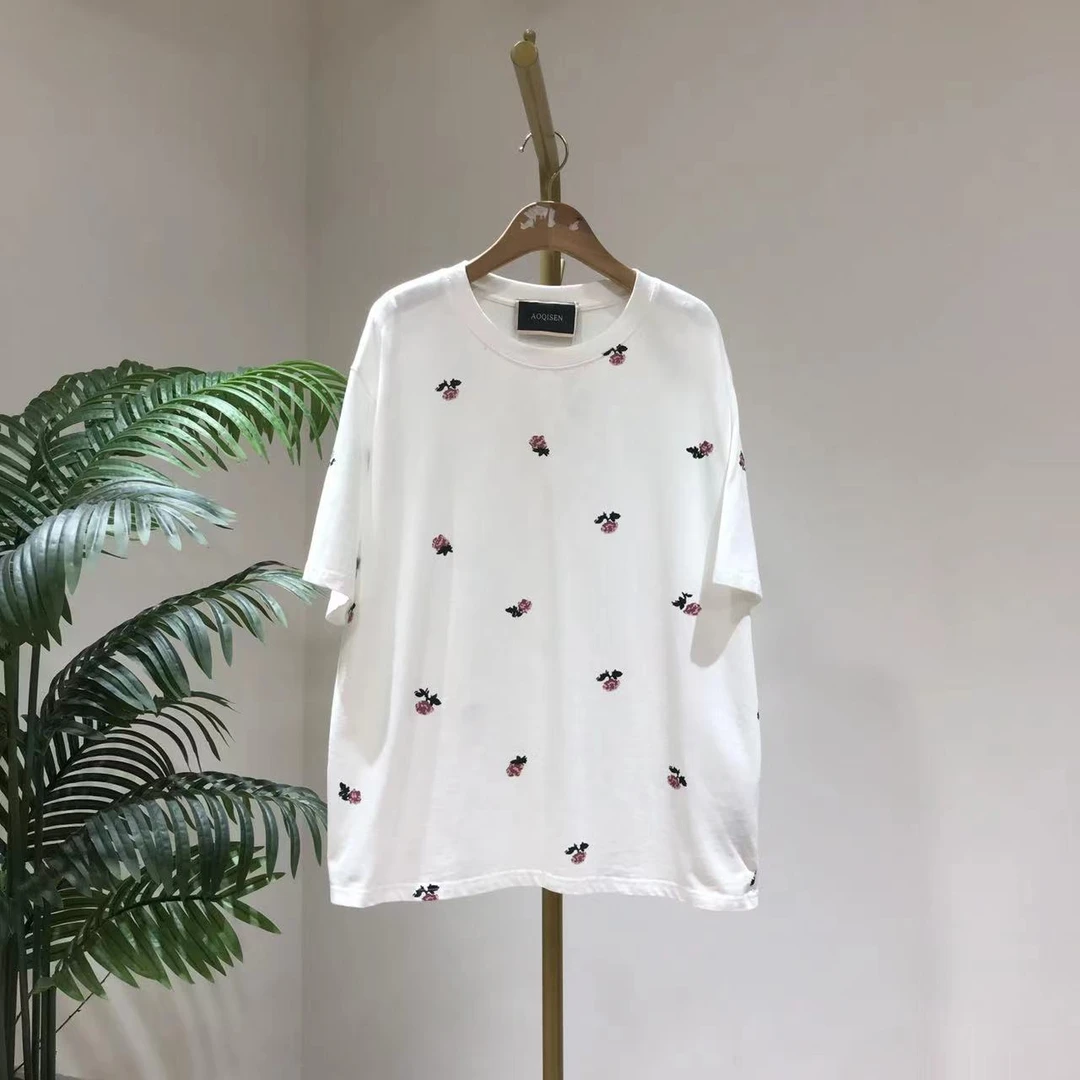 AB749玫瑰印花短袖t恤夏装新款T恤女简约时尚打底衫百搭圆领上衣