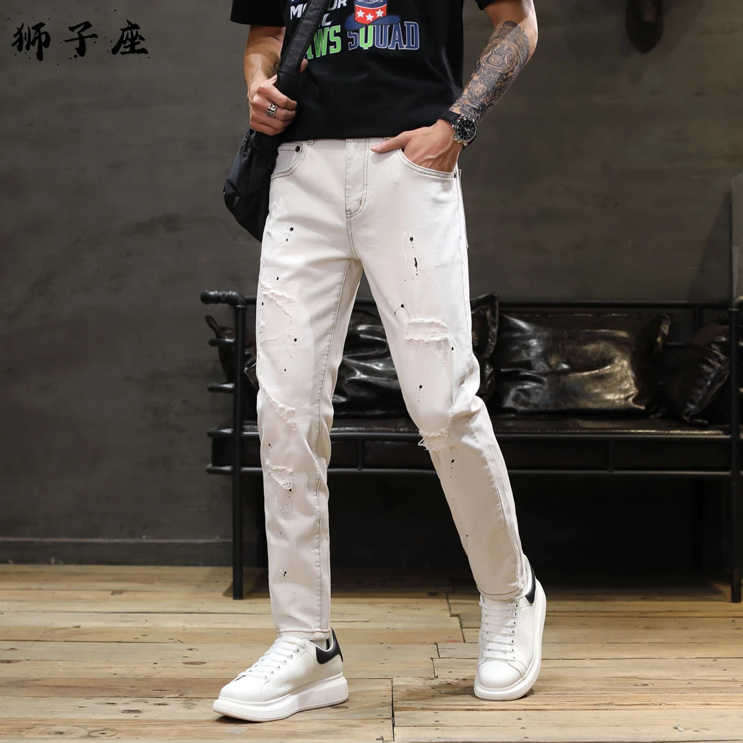 夏季薄款牛仔裤男修身百搭破洞小脚裤时尚韩版个性九分牛仔裤男款