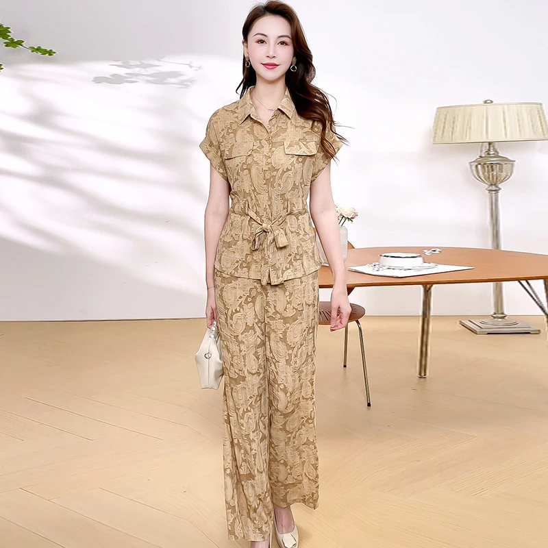 高档时尚套装长裤套装阔腿裤休闲风休闲洋气宽松夏季碎花时尚裤子