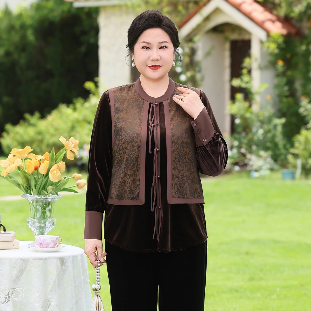 妈妈装假两件国风上衣复古气质高贵中老年女装阔腿长裤阔太太套装