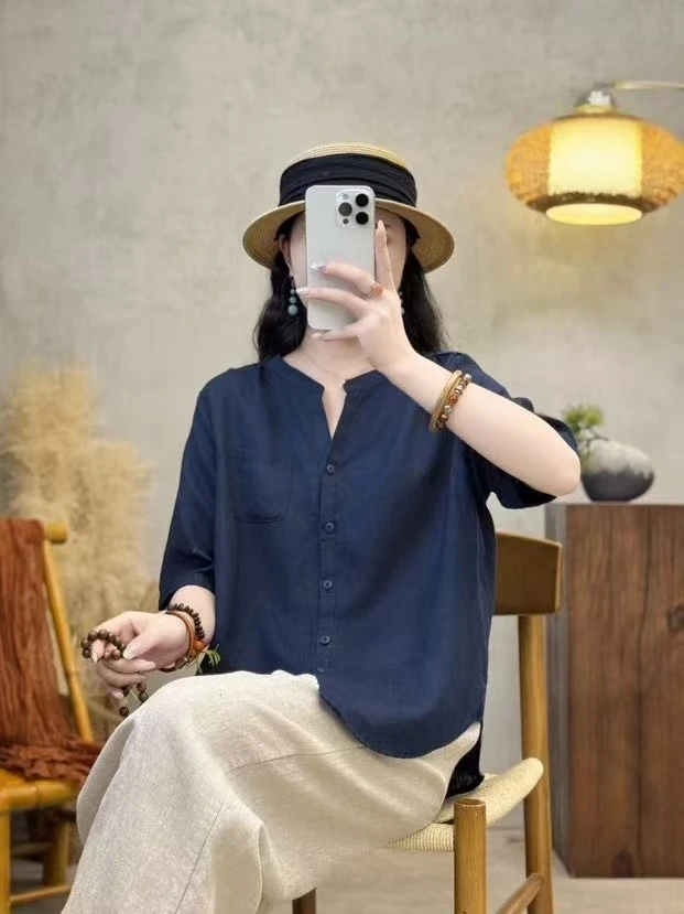 YIWEN夏季新款雨露纯亚麻V领开衫中袖气质纯色百搭上衣1154
