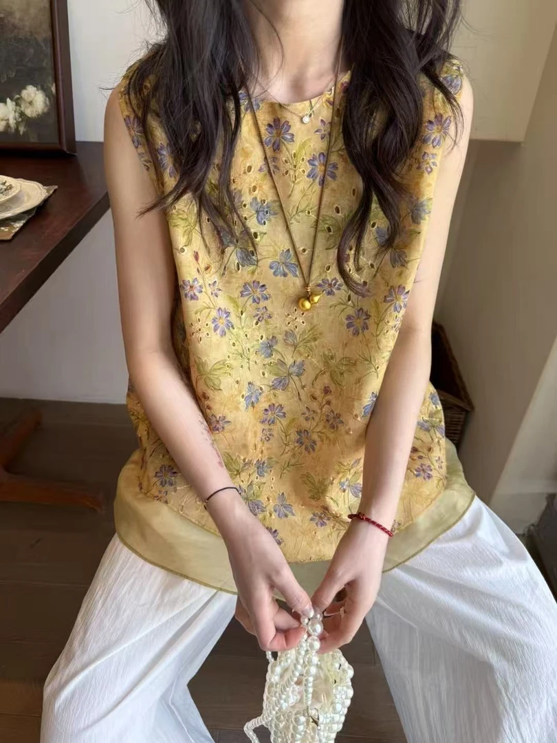 【婷婷】593新中式显瘦时尚无袖夏季短款提花上衣