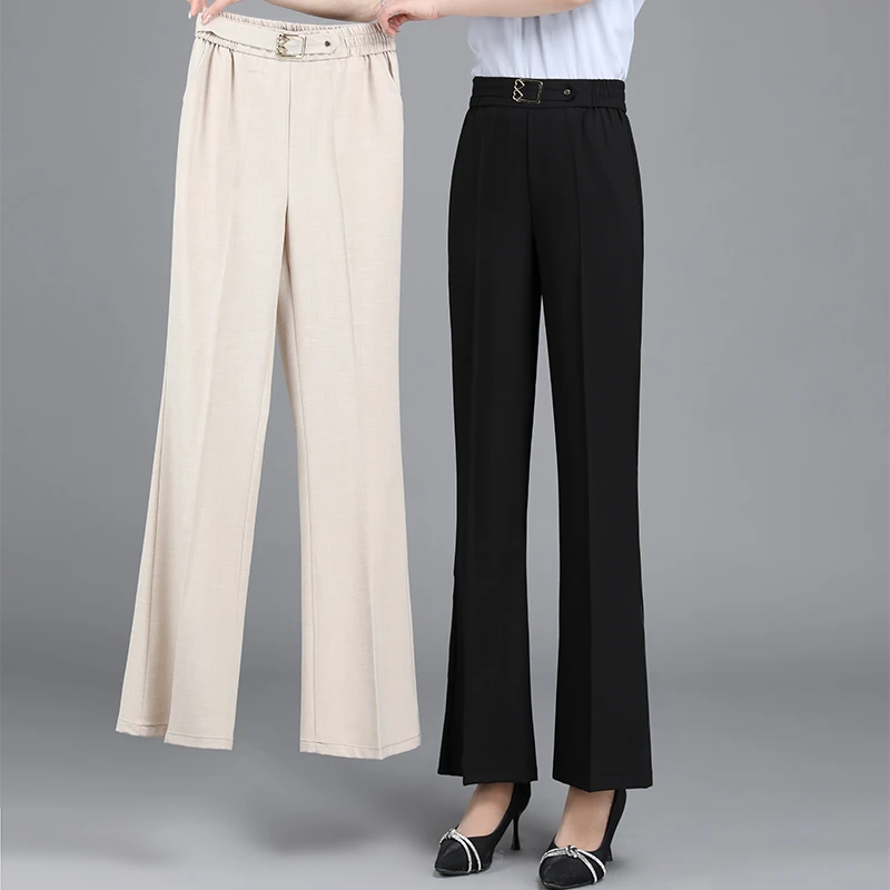 夏季新款中老年妈妈装女士气质微喇裤宽松显瘦长裤弹力高腰西装裤