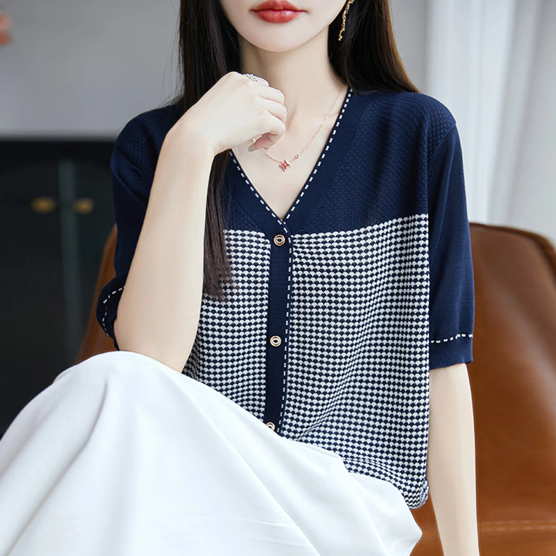 胖mm夏装大码冰丝针织衫女士短袖t恤2025新款遮肚子巨显瘦v领上衣