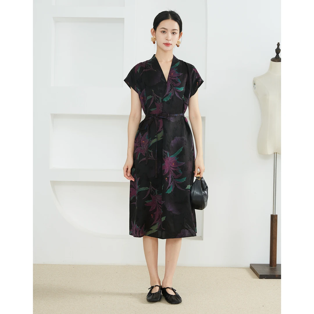 真丝香云花萝纱连衣裙100%桑蚕丝提花V领连袖收腰系带长裙YSCL031