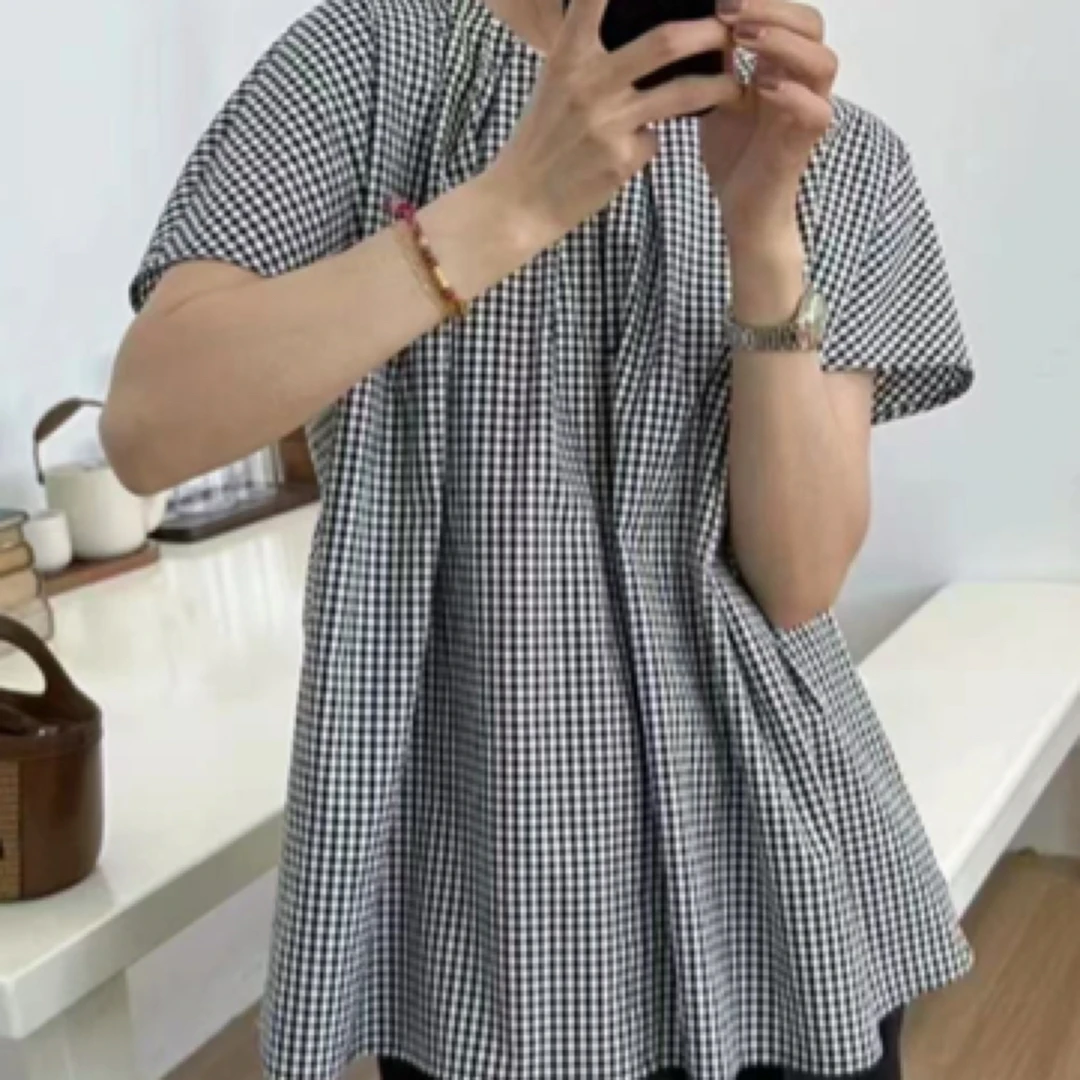 韩版手工压褶格子小衫