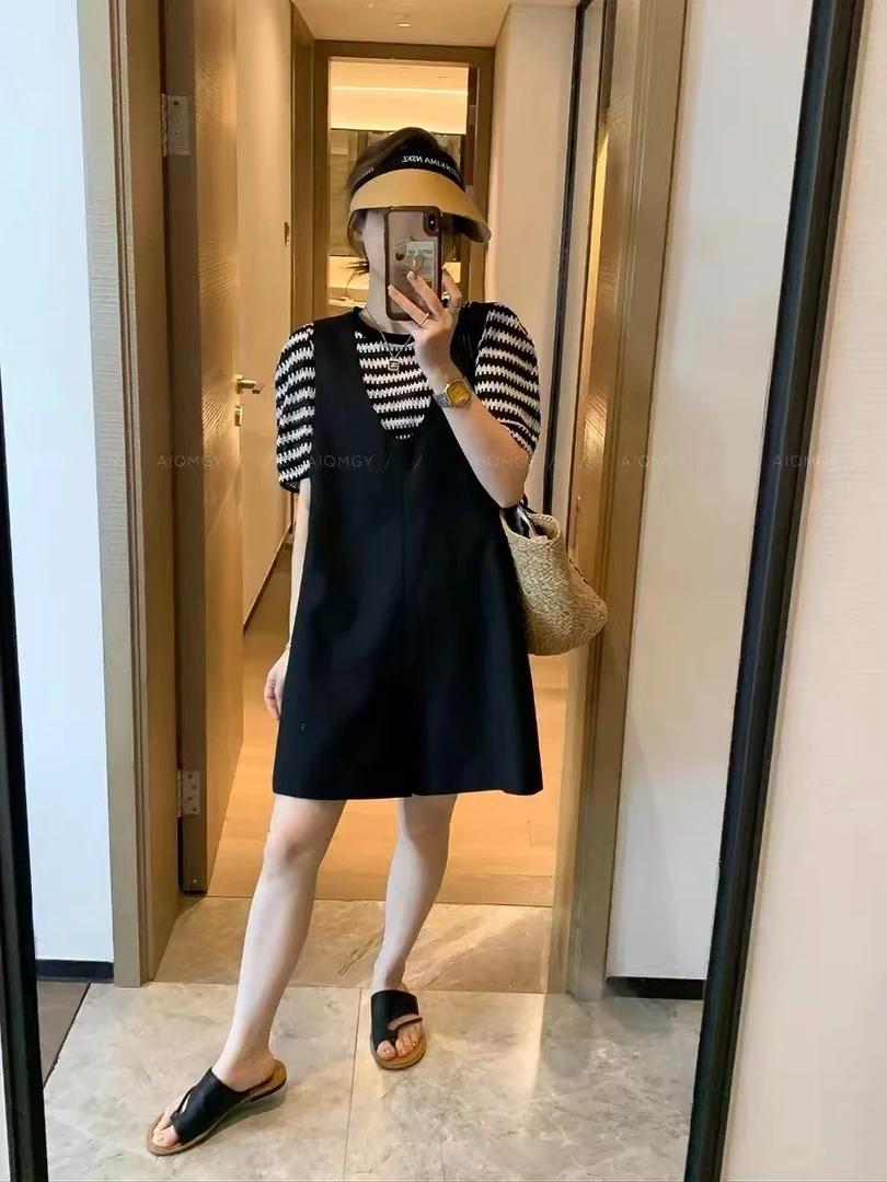 黑色条纹背带裤套装女2025新款夏小个子短裤撞色两件套