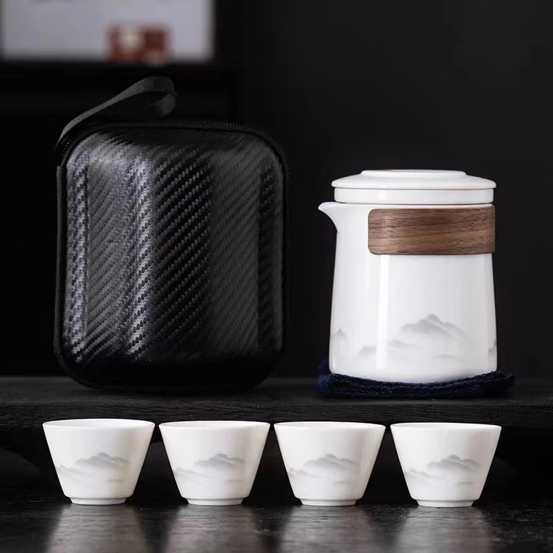 C91旅行茶具一壶四杯白瓷