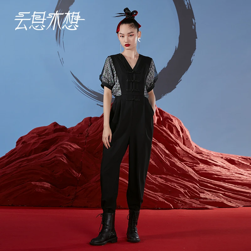 云思木想2023夏季新款隶书墨竹印花网纱拼接盘扣连体裤10367