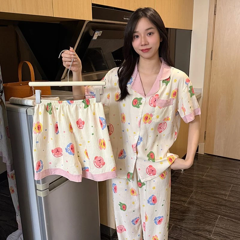 夏季薄款睡衣女三件套短袖开衫时尚洋气甜美宽松卡通云朵棉家居服