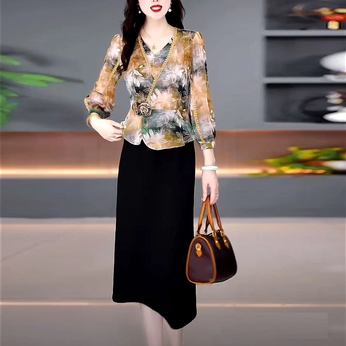 高级水晶琉璃丝时尚气质假两件连衣裙2025春季新款修身收腰A字裙