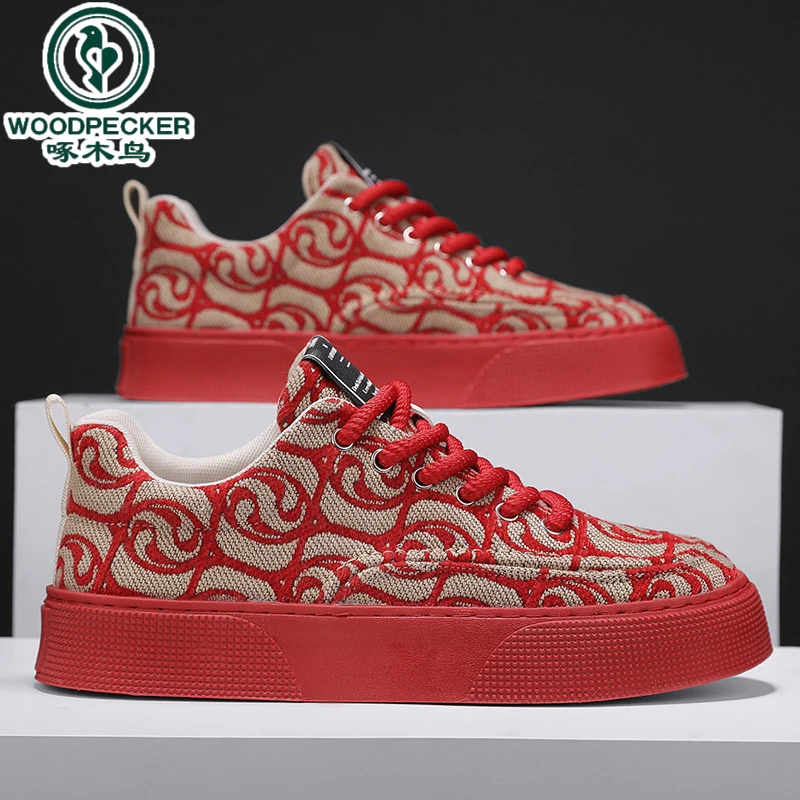 【正品】啄木鸟2025新款春季潮流印花刺绣布面软底时尚休闲运动潮鞋