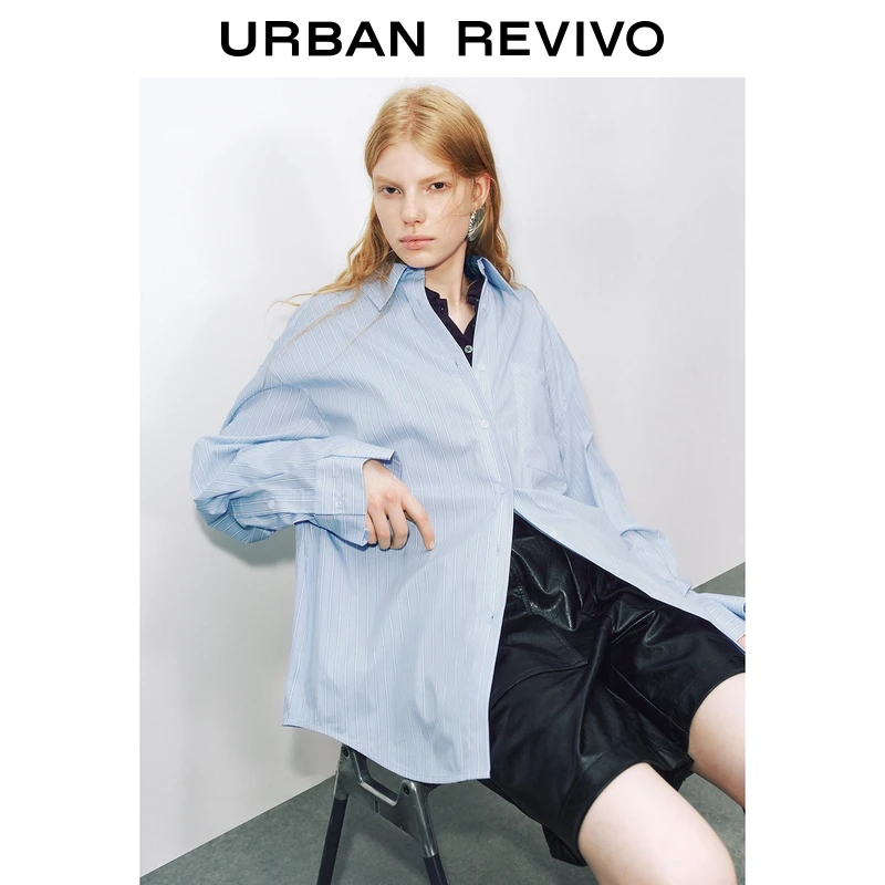 UR2026春季新款女装休闲撞色条纹口袋长袖开襟衬衫UWJ250057