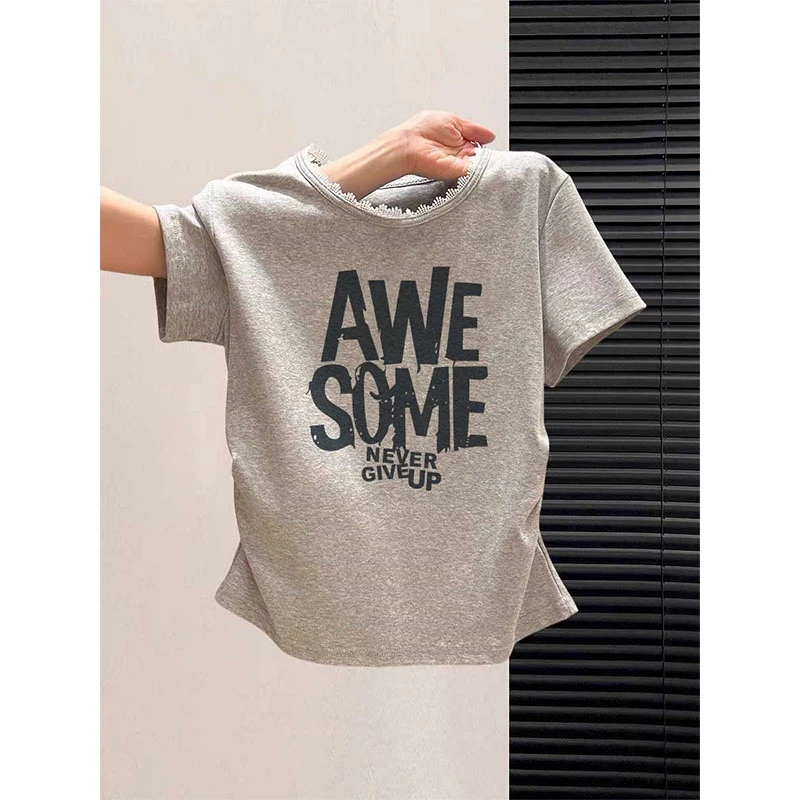 蕾丝拼接收腰圆领短袖T恤女潮夏季2025新款正肩修身绝美小衫上衣