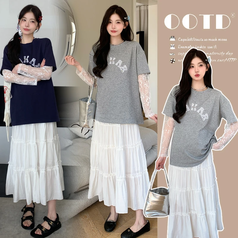 孕妇装夏季2025新款字母刺绣假两件圆领T恤无托腹时尚抽皱蛋糕裙
