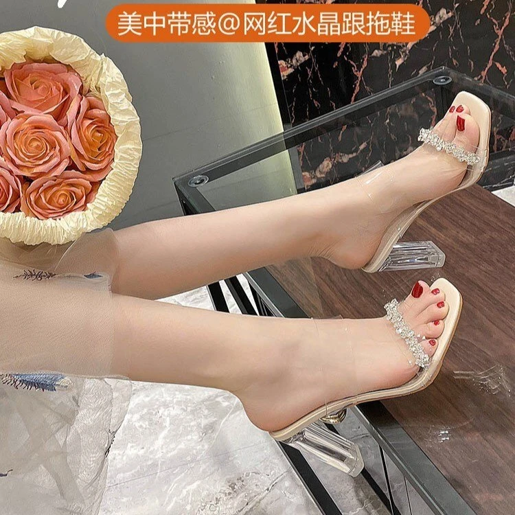 水钻一字带凉拖外穿凉鞋2025夏女法式水晶细跟时尚透明小众高跟鞋