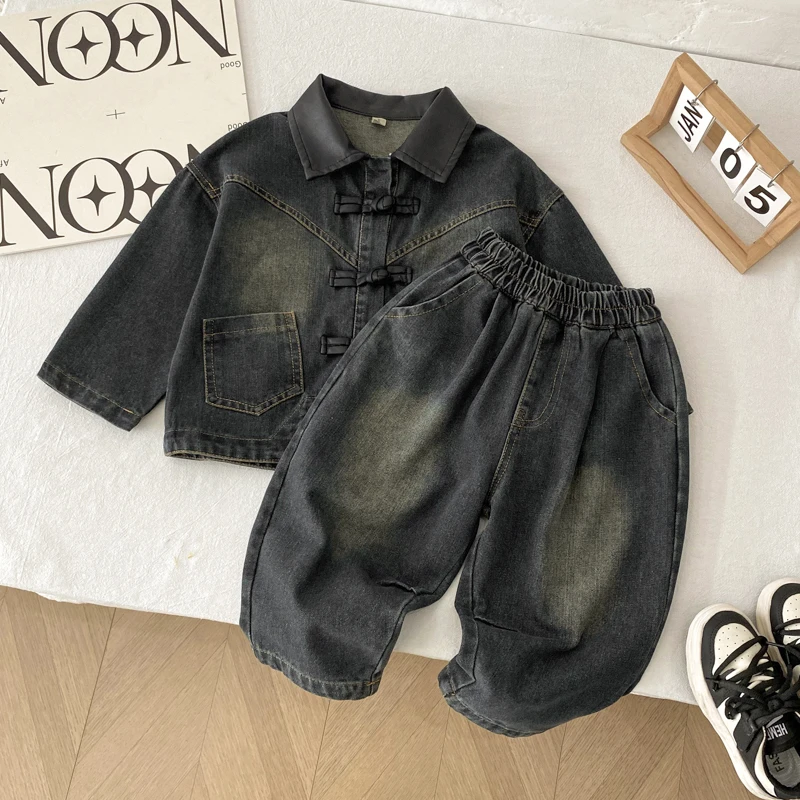 男女童新国风时髦牛仔套装2025秋季盘扣长袖外套洋气儿童两件套潮