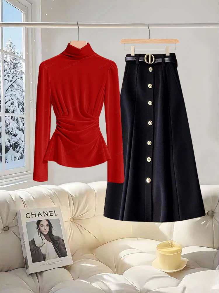 2025早春新年套装女法式轻奢高级感红色丝绒衬衫高腰半身裙两件套