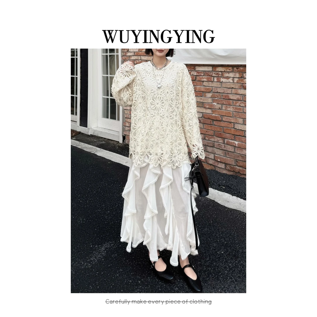 WUYINGYING【知性女神】欧货重工亮片镂空设计上衣+个性海带半身裙